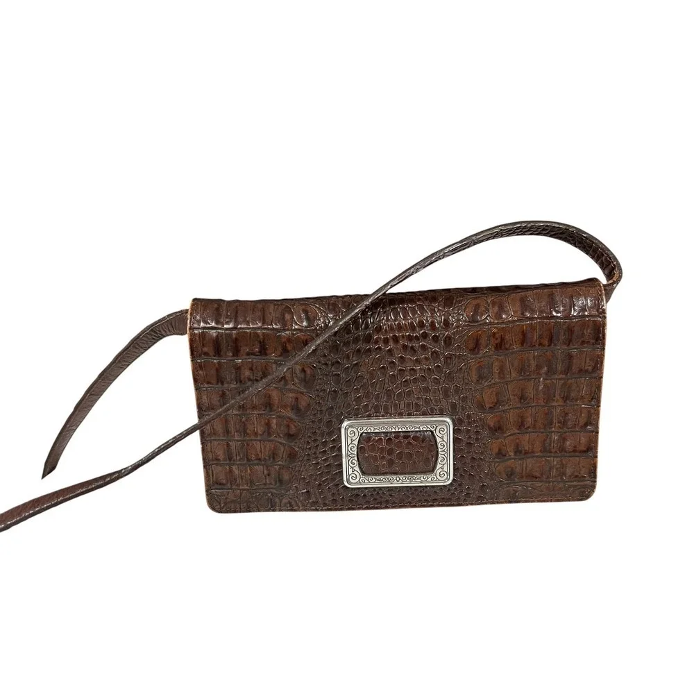 Brighton Brown Croc Embossed Leather Crossbody Shoulder Bag Silver‎ Hardware